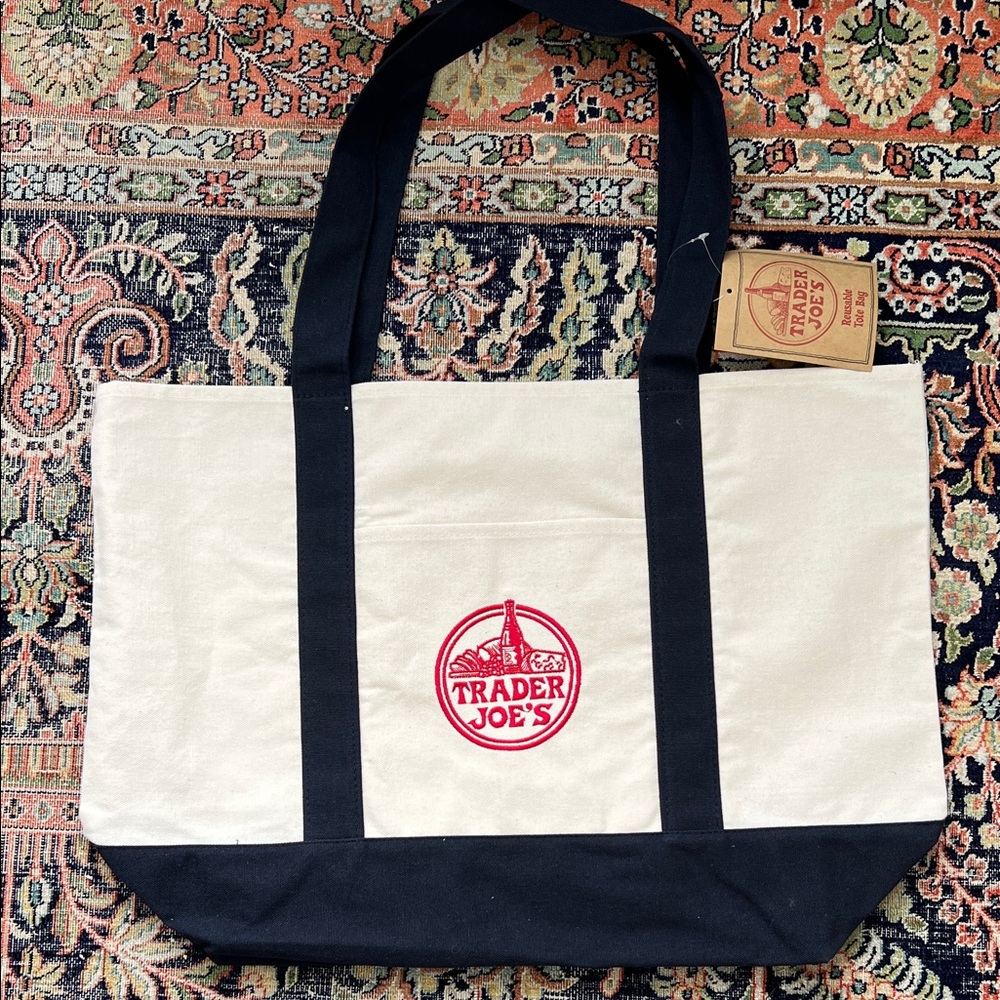 Trader Joes Tote Bag Blue Canvas Large 20” x 15” New